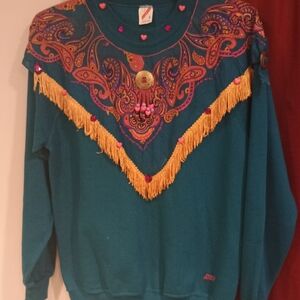 Jerzees Teal Paisley Sweater with Fringe Accents